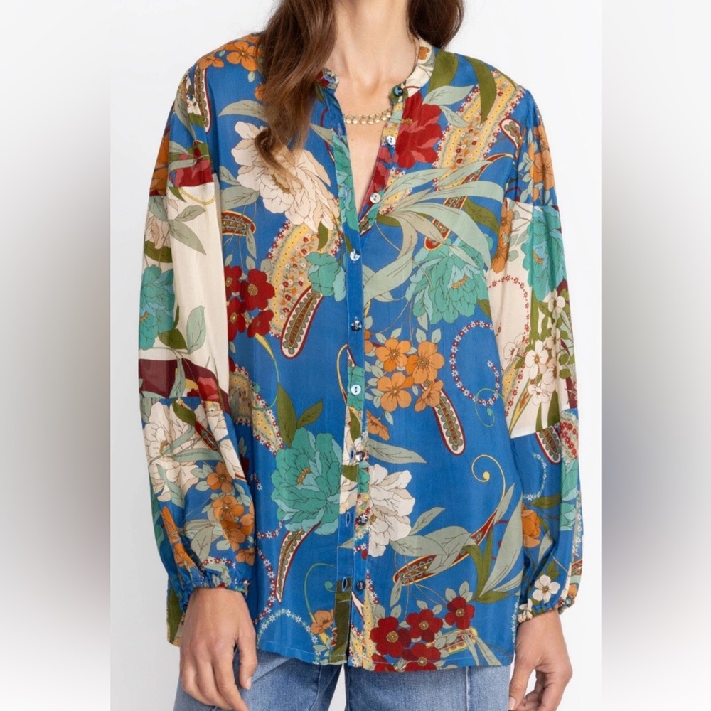 New JOHNNY WAS TEEBEE TORI BLOUSE, Size Large Floral Button Front, $230